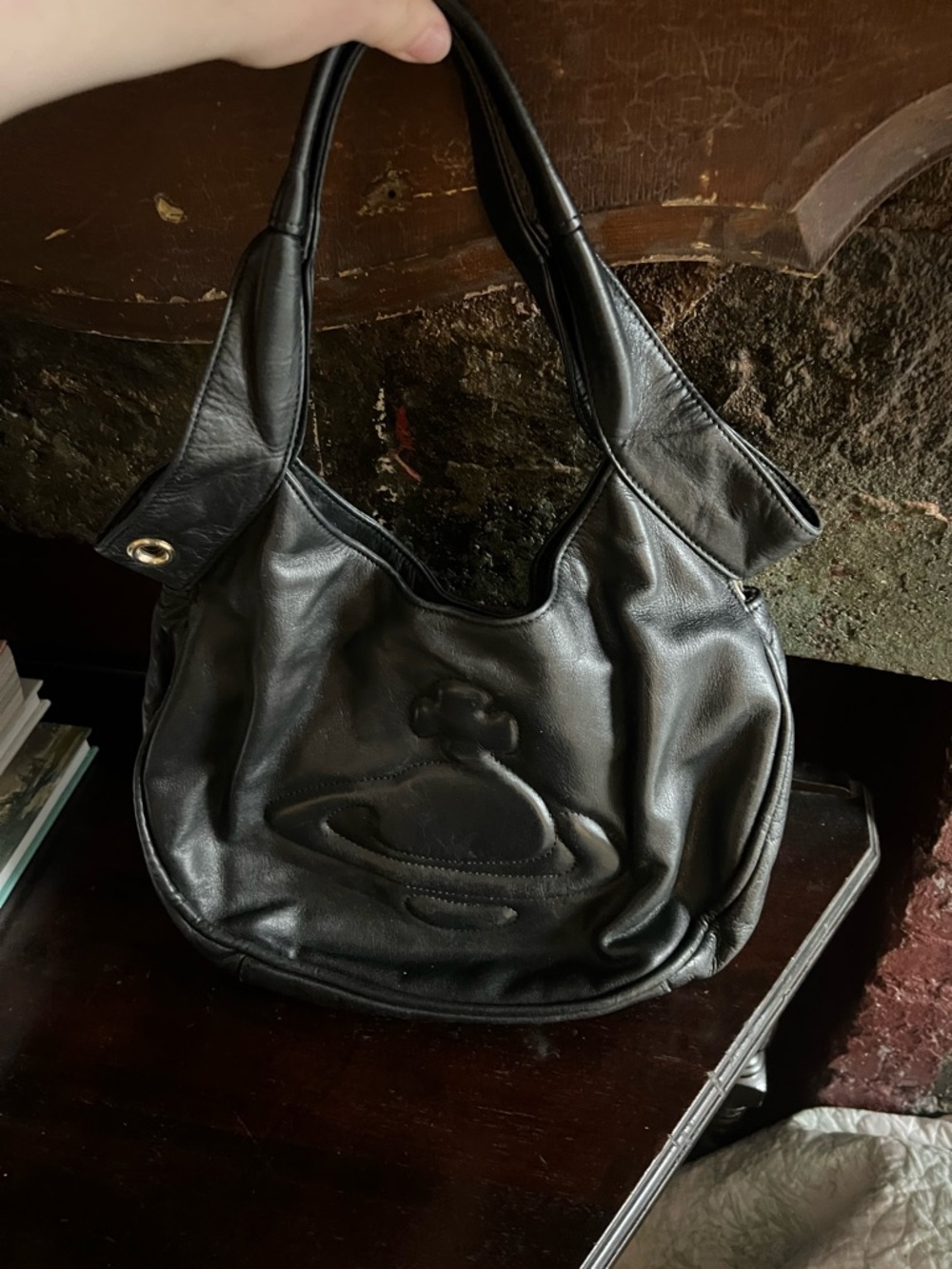 Vivienne Westwood Black Leather Orb-Embossed Shoulder Bag